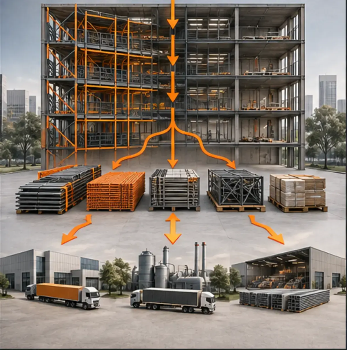 Editorial view of heavy warehouse racking dismantling and segregated recovery lots