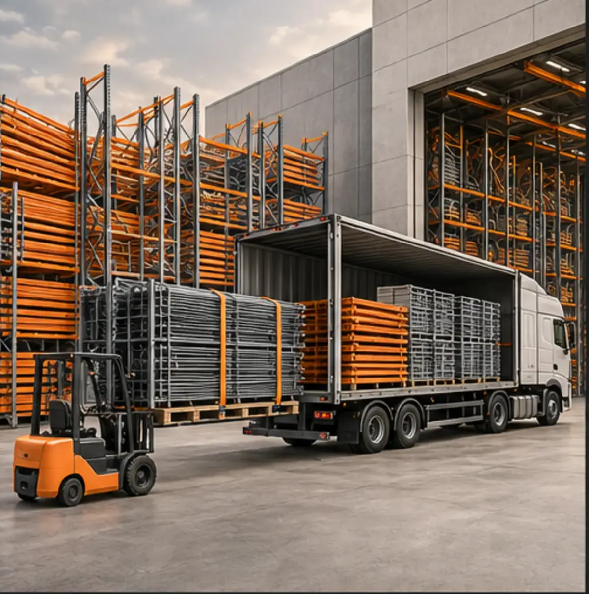 Editorial view of dismantled industrial racking prepared for onward movement