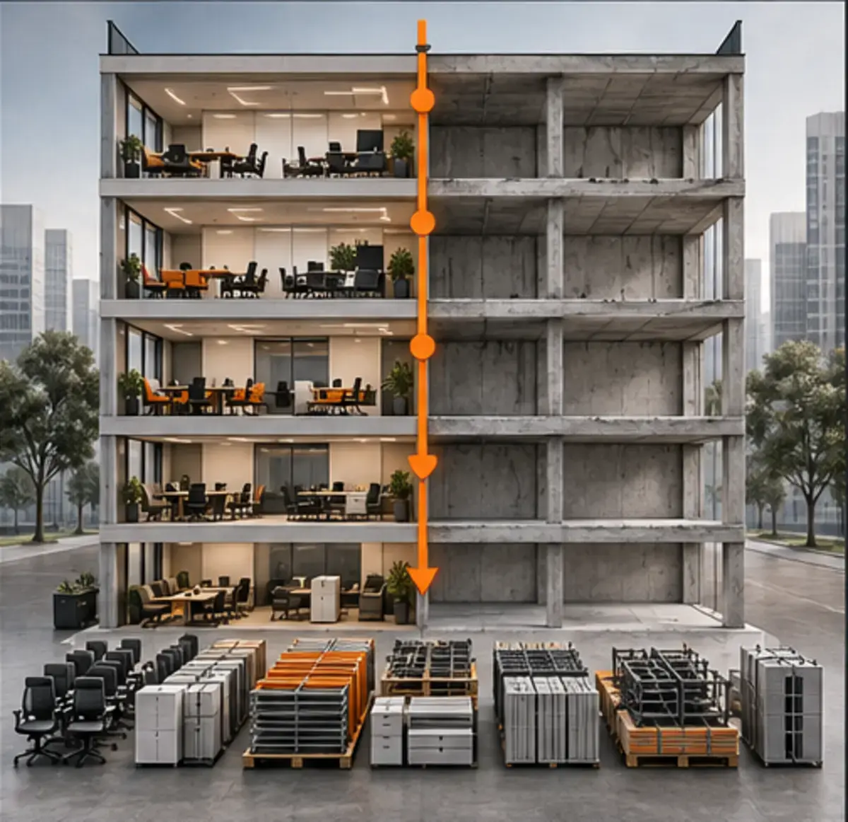 Illustrative cutaway of a five-floor office transitioning from fitted space to bare shell with assets segregated below